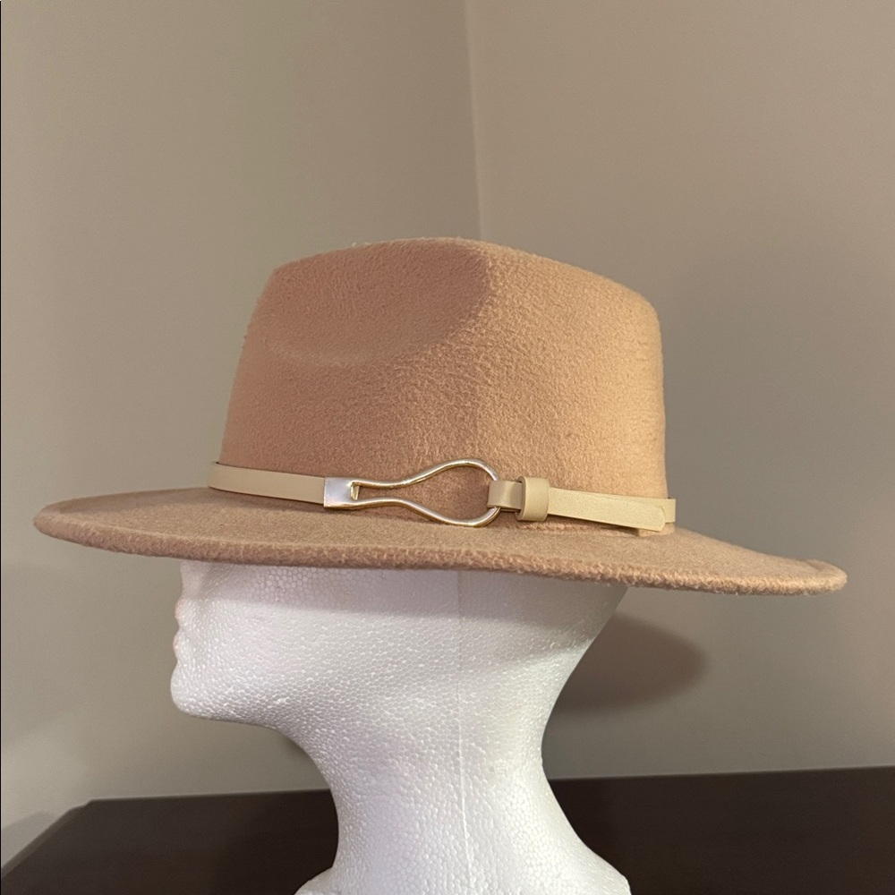 Fedora Hat Tan with Cream Band Gold Hardware - Adjustable